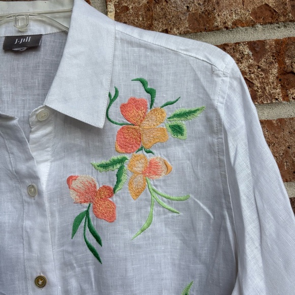 J.JILL Floral Embroidered 100% linen White Button-Up Shirt - Picture 8 of 9